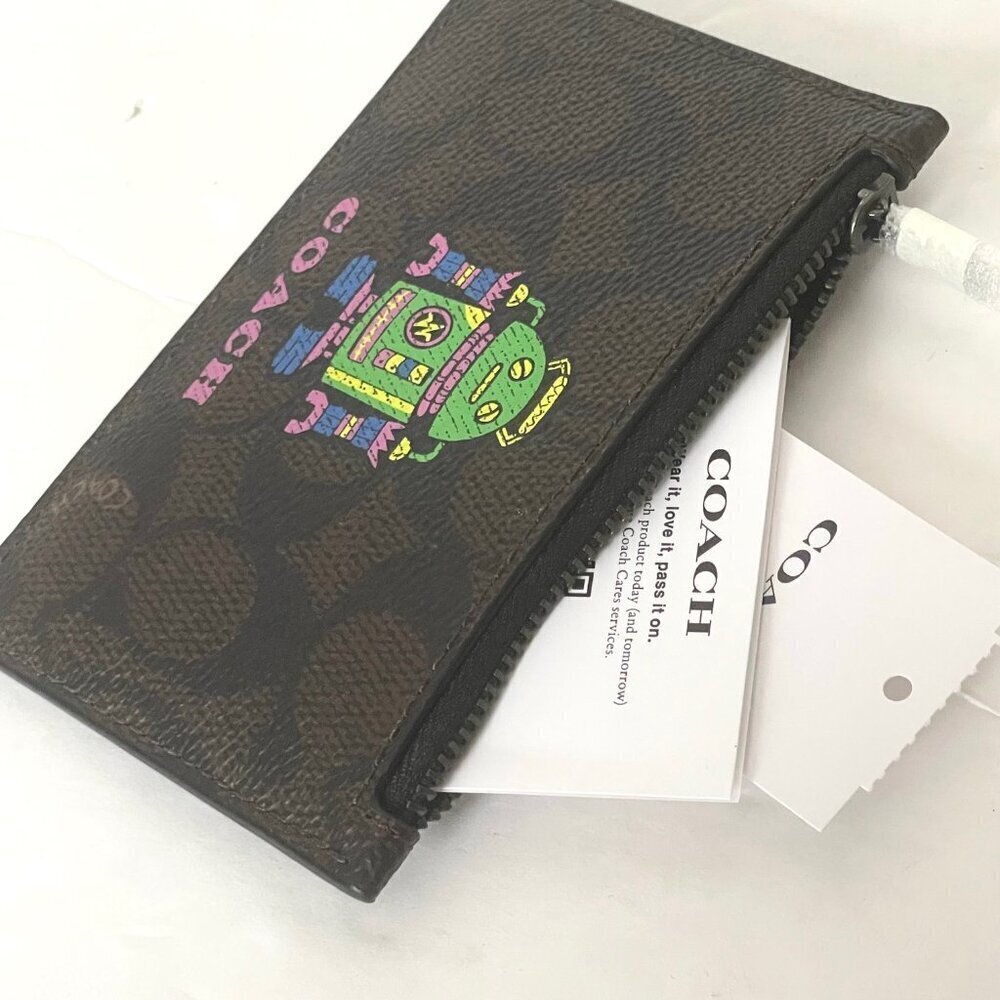 Coach Cosmic Coach Zip Card Case Robot Space CW223 Brown Leather Wallet - Picture 5 of 6